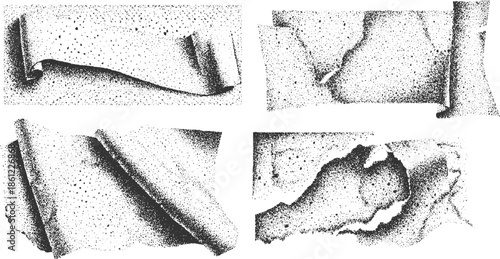 Four black and white stippled torn paper textures with curled edges