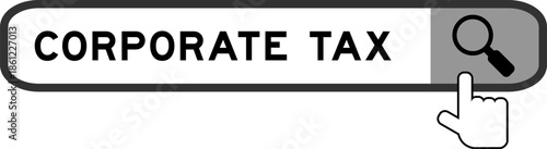 Search banner in word corporate tax with hand over magnifier icon on white background