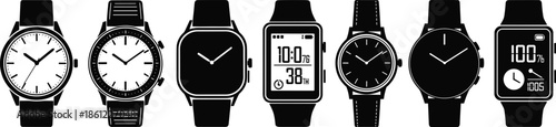 Collection of various wristwatch silhouettes including analog digital and smart watches cad drawing flat vector illustration for fashion and technology