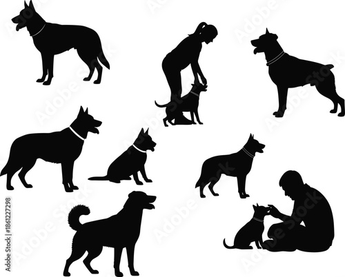 Dog training silhouette collection with multiple poses featuring pets and owners, black vector design for animal care illustration and professional artwork