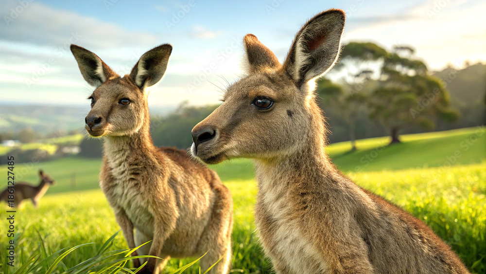 Fototapeta premium Kangaroos grazing in sunlight