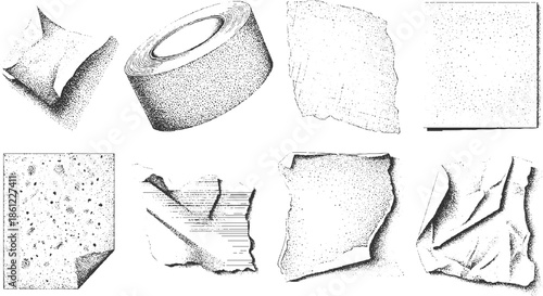 Collection of eight stippled ink of crumpled paper and a roll of tape