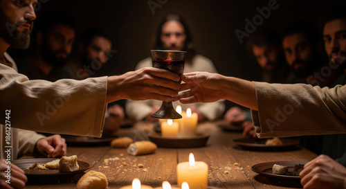 The Last Supper: Hands Passing the Chalice of Wine with Jesus and Disciples in Candlelight Biblical AI