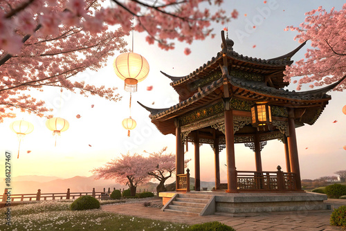 Lantern glow under cherry blossoms