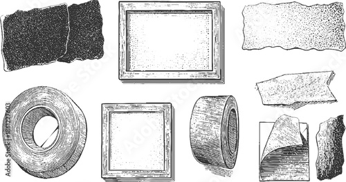 Collection of torn paper scraps and rolled tape in vintage engraving style ripped edge