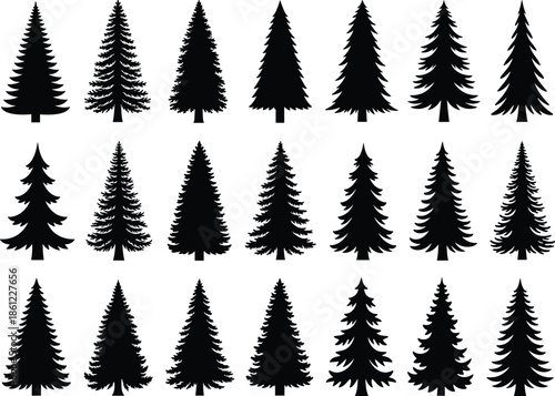 Silhouette pine trees, black forest icons, conifer shapes, evergreen tree graphics, nature design elements, vector trees, woodland art, botanical illustration