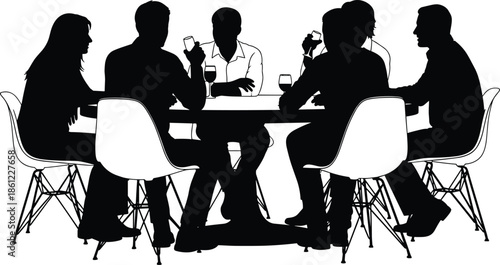 Silhouette group of people sitting at dining table sharing drinks, social gathering meeting illustration, black vector teamwork communication scene