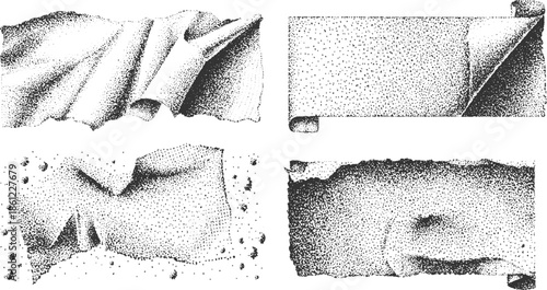 Four black and white stippled of crumpled fabric textures
