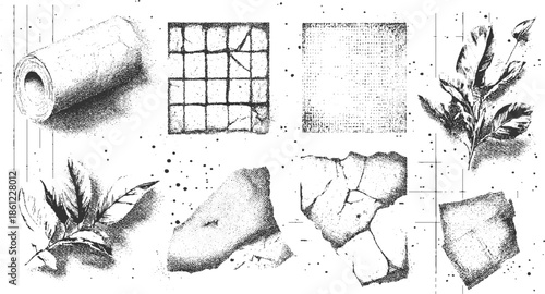 Black and white ink of rolled paper grid cracked textures and botanical leaves