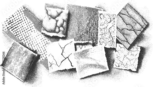 Collection of black and white textured paper scraps with cracked and patterned surfaces