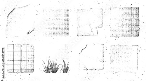 Collection of eight black and white textured including torn paper grid and grass grunge abstract