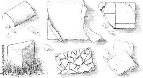 Collection of ancient stone fragments and ruins in black and white style architecture