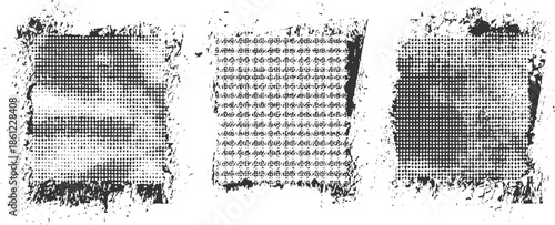 Three distressed black and white abstract halftone textured frames with grunge edges