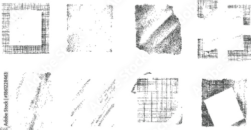 Eight abstract grayscale geometric patterns with textured lines and scattered dots