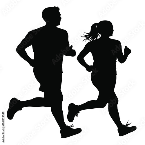 Silhouette of a man and woman running together in a fitness activity
