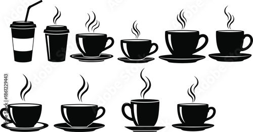 Hot Coffee Cup and Cafe Mug Silhouette Collection Featuring Steaming Espresso Cups Takeaway Paper Containers and Breakfast Beverage Vector Icons