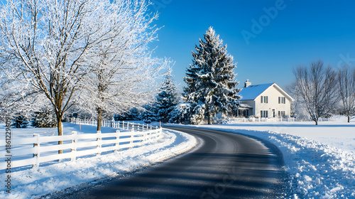 A cleared winter road runs along the fence of a private country house during the day, creating a tranquil residential landscape