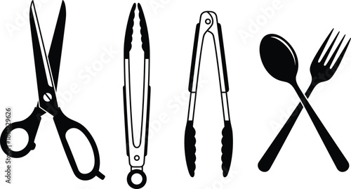 Kitchen Scissors Cooking Tongs Spoon and Fork Silhouette Collection Featuring Essential Professional Culinary Tools and Restaurant Utensils for Food Design Projects