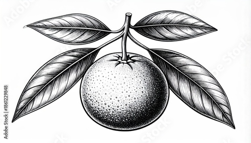 Monochrome Orange Fruit with Leaves Illustration in Vintage Style.