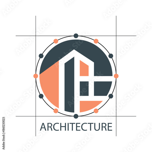 Architecture with geometric shapes and circle of dots on a white background