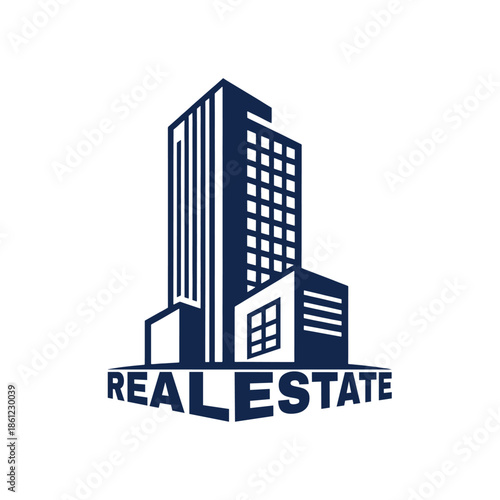 Blue and white real estate with a stylized skyscraper building