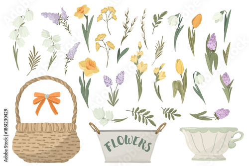 Easter elements collection with cute bunnies, ducklings, spring flowers and festive treats, isolated vector illustration set, DIY creator kit for holiday design.