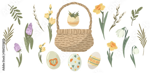 Easter elements collection with cute bunnies, ducklings, spring flowers and festive treats, isolated vector illustration set, DIY creator kit for holiday design.