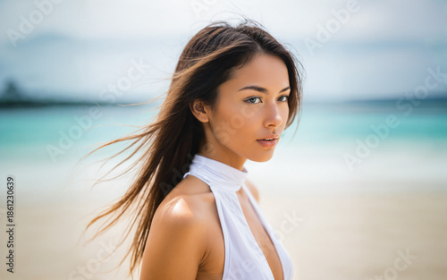 young woman with long brown...