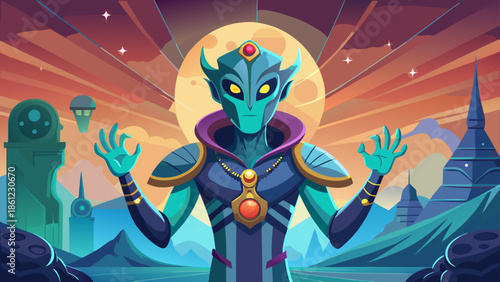 A mysterious humanized alien standing confidently, wearing symbolic accessories, one hand raised thoughtfully, merging alien features with human body language in a creative vector composition.