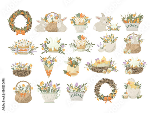 Easter elements collection with cute bunnies, ducklings and festive cakes, spring animals vector illustration set, isolated clip art for holiday design.