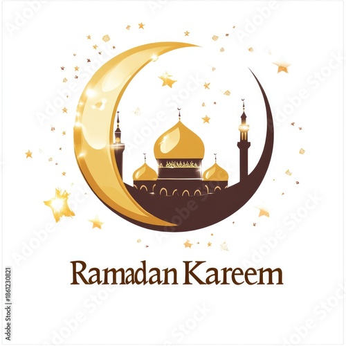 Ramadan Kareem celebration with mosque and crescent moon