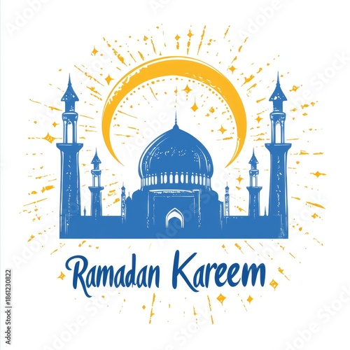 Ramadan Kareem celebration with mosque and crescent moon