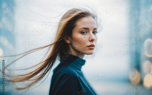 woman with long hair blowin...