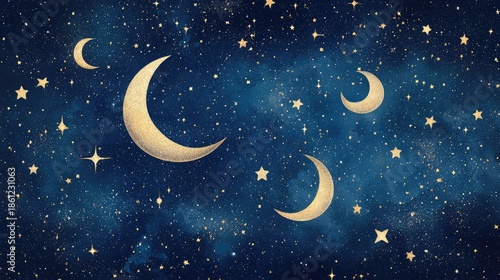 Golden crescent moons and stars shining in a magical night sky