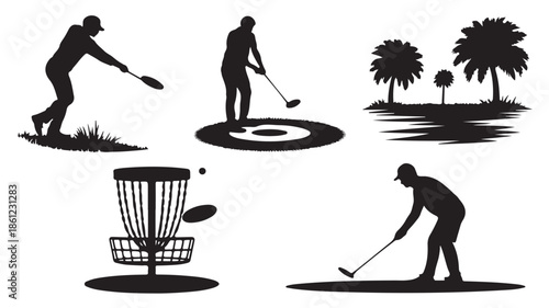 Black Silhouettes of Men Playing Disc Golf on Tropical Course