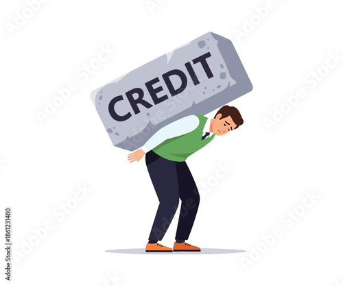 Businessman carrying heavy credit burden showing financial stress
