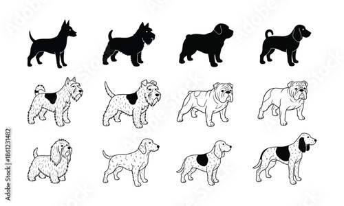 Collection of dog breeds silhouettes and outlines