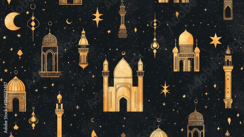 Golden Islamic architecture under starry night sky with crescent moons