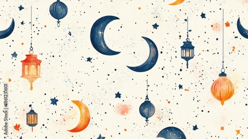 Whimsical night sky with crescent moons and colorful lanterns