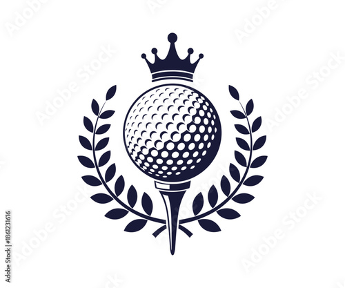 Golf ball on tee with crown and laurel wreath emblem