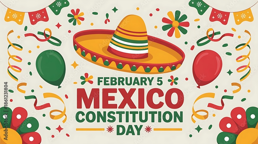 Fototapeta premium Festive Mexico Constitution Day graphic with sombrero, balloons, and flowers