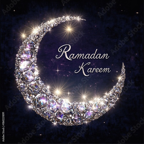 Ramadan Kareem celebration with sparkling crescent moon and stars