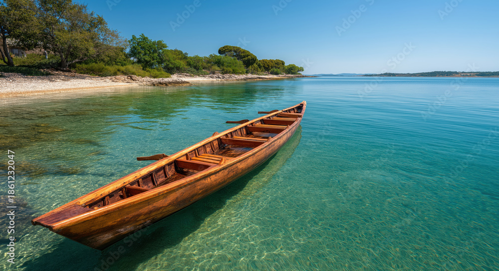 Naklejka premium a wooden canoe is floating on the clear blue seawater 
