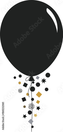 Minimalist black balloon releasing a stream of black gold and silver geometric confetti 