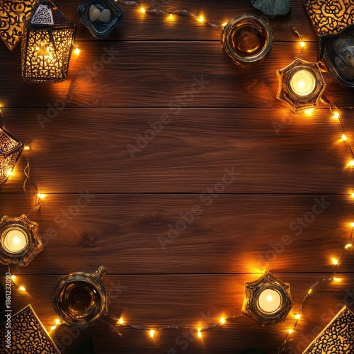 Cozy Ramadan setting with lanterns and candles on wooden table