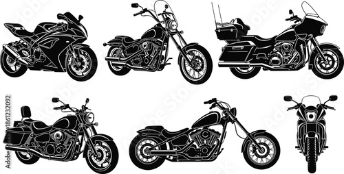 Motorcycle silhouette collection, sport bike and cruiser motorbike designs, black isolated vehicles set for transport, racing, custom garage vector illustration