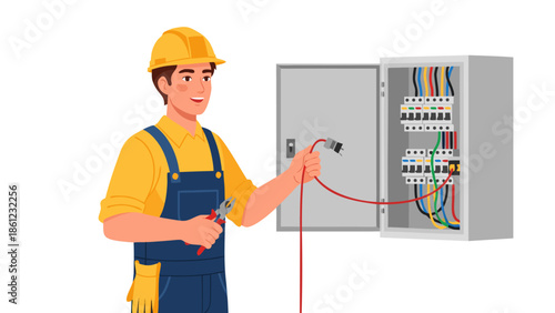 Electrician working on electrical panel vector illustration, professional maintenance and repair in the city
