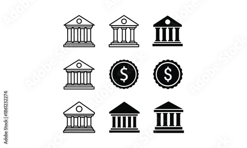 Set of bank icons for financial architecture and monetary management