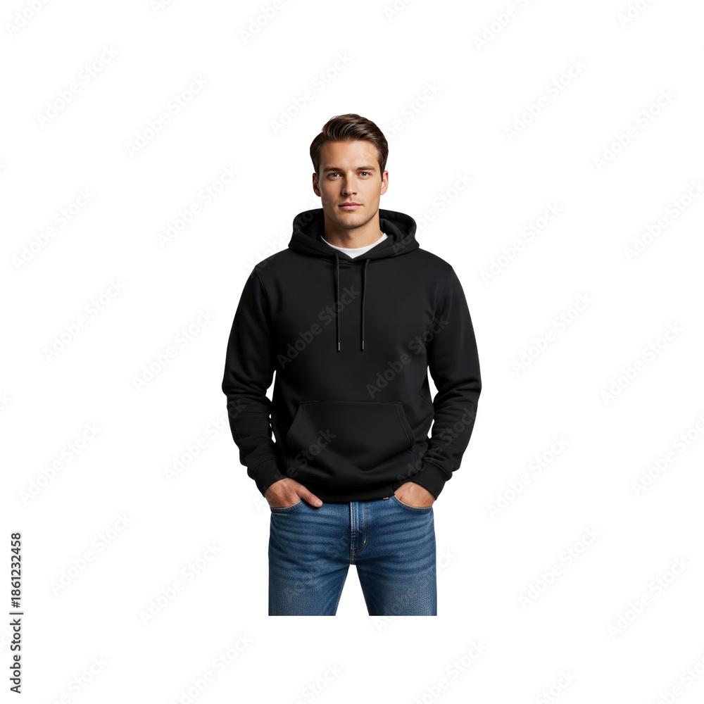 Fototapeta premium Man wearing black hoodie looking at viewer