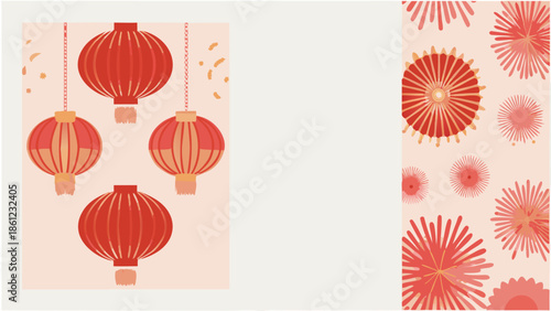 Vector chinese lanterns and fireworks illustration on pink background